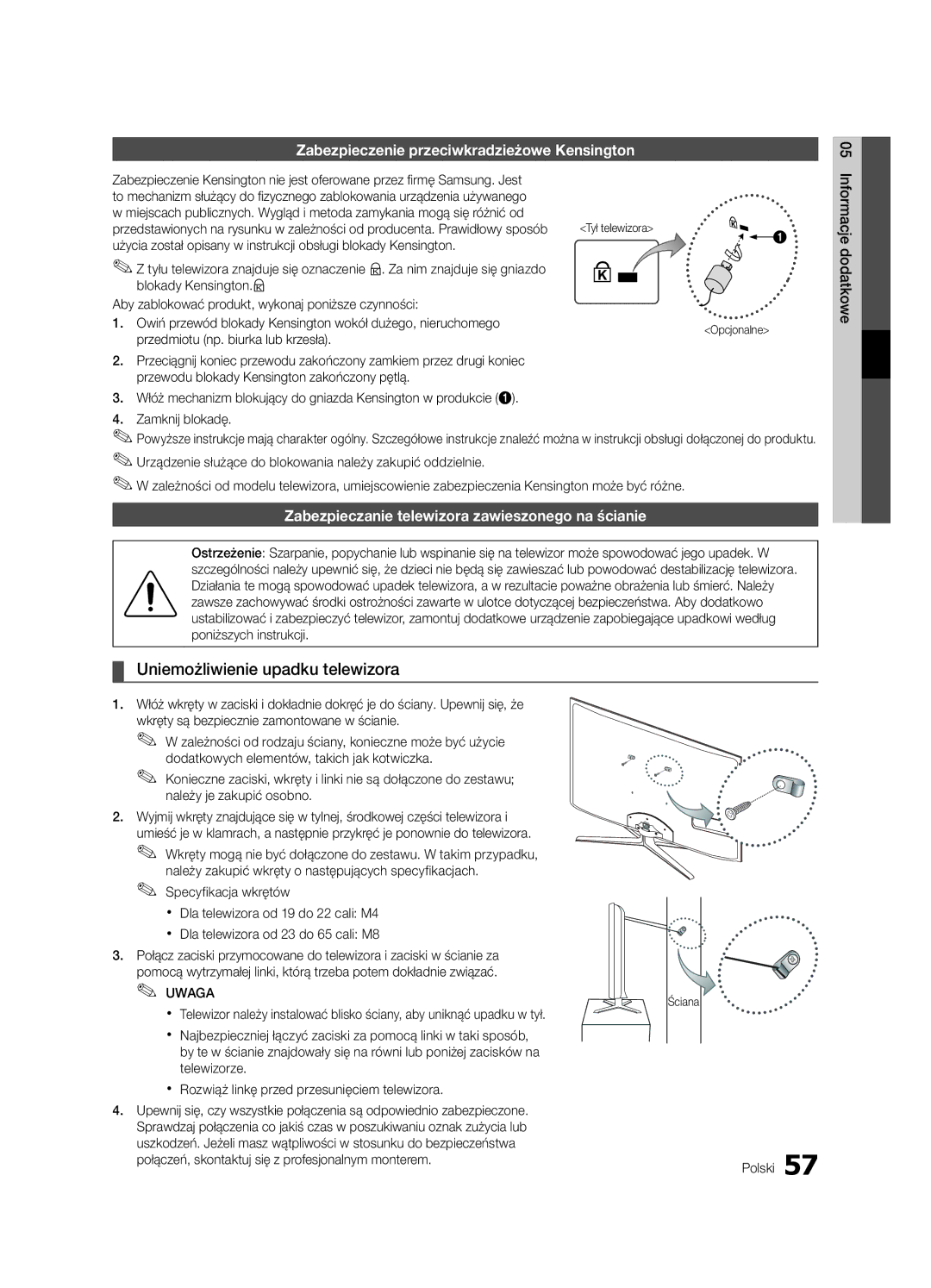 Samsung UE65C8000XWXXH Uniemożliwienie upadku telewizora, Zabezpieczenie przeciwkradzieżowe Kensington, Tył telewizora 