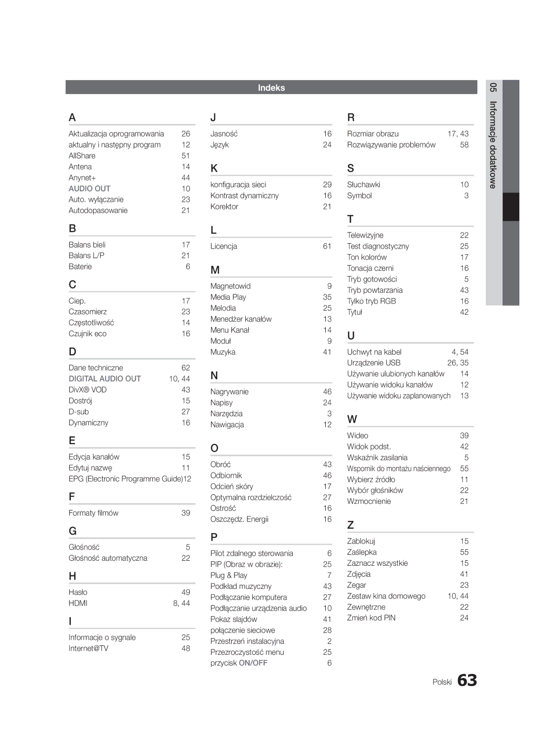 Samsung UE65C8000XWXXC manual Indeks, Aktualny i następny program AllShare Antena Anynet+, Informacje o sygnale Internet@TV 