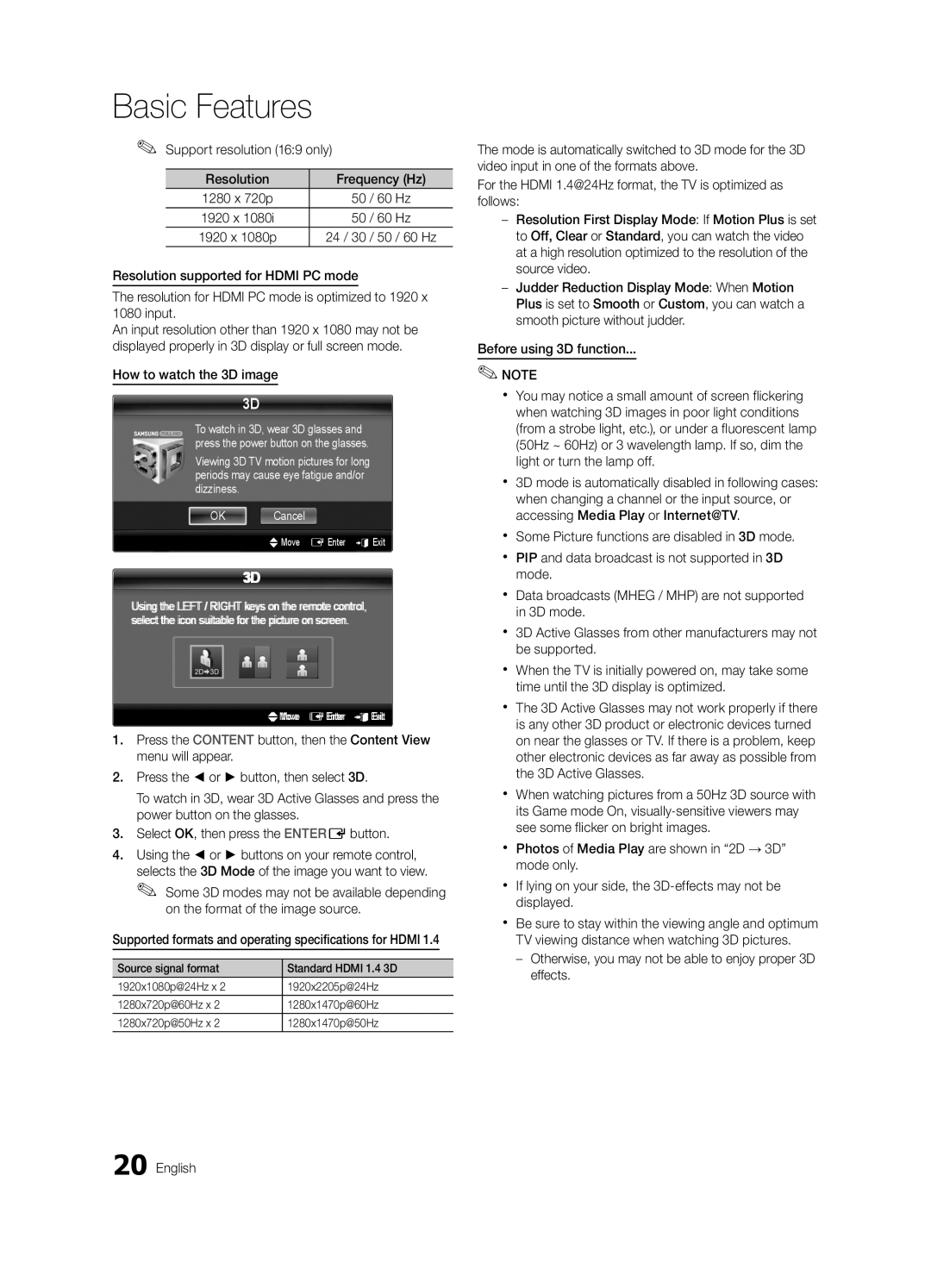 Samsung UE46C8000XWXXC manual Support resolution 169 only Resolution Frequency Hz, 60 Hz, How to watch the 3D image 