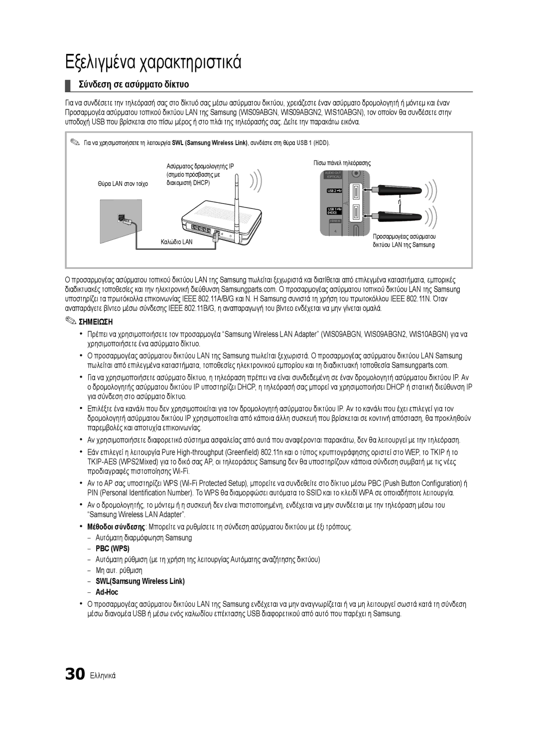 Samsung UE55C8000XWXXH, UE46C8000XWXXC manual Σύνδεση σε ασύρματο δίκτυο, SWLSamsung Wireless Link Ad-Hoc, 30 Ελληνικά 