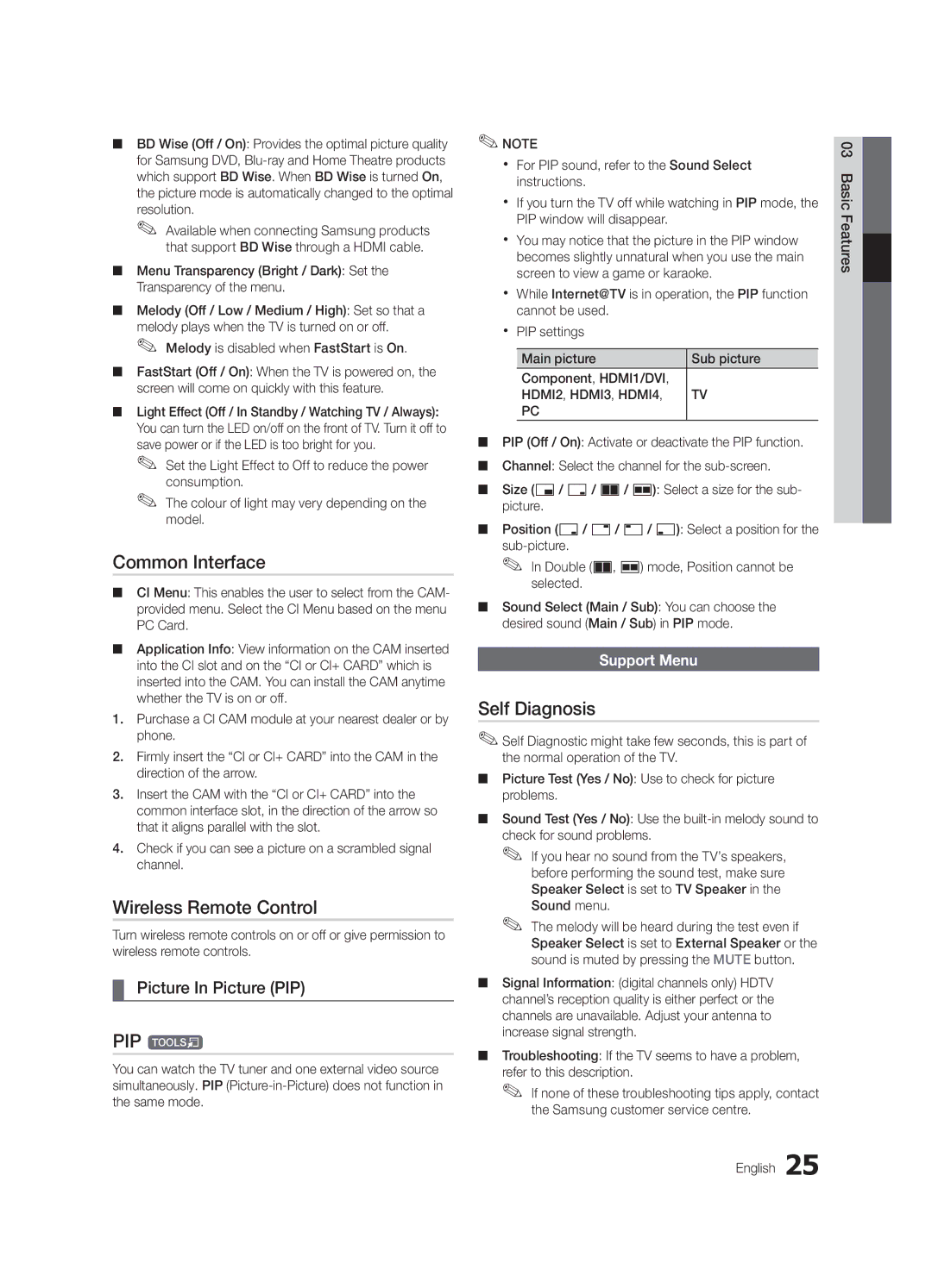 Samsung UE46C8000XWXXH manual Common Interface, Wireless Remote Control, PIP t, Self Diagnosis, Picture In Picture PIP 