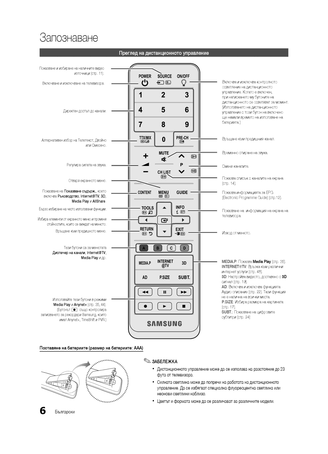 Samsung UE40C8000XWXXC manual Преглед на дистанционното управление, Поставяне на батериите размер на батериите AAA 