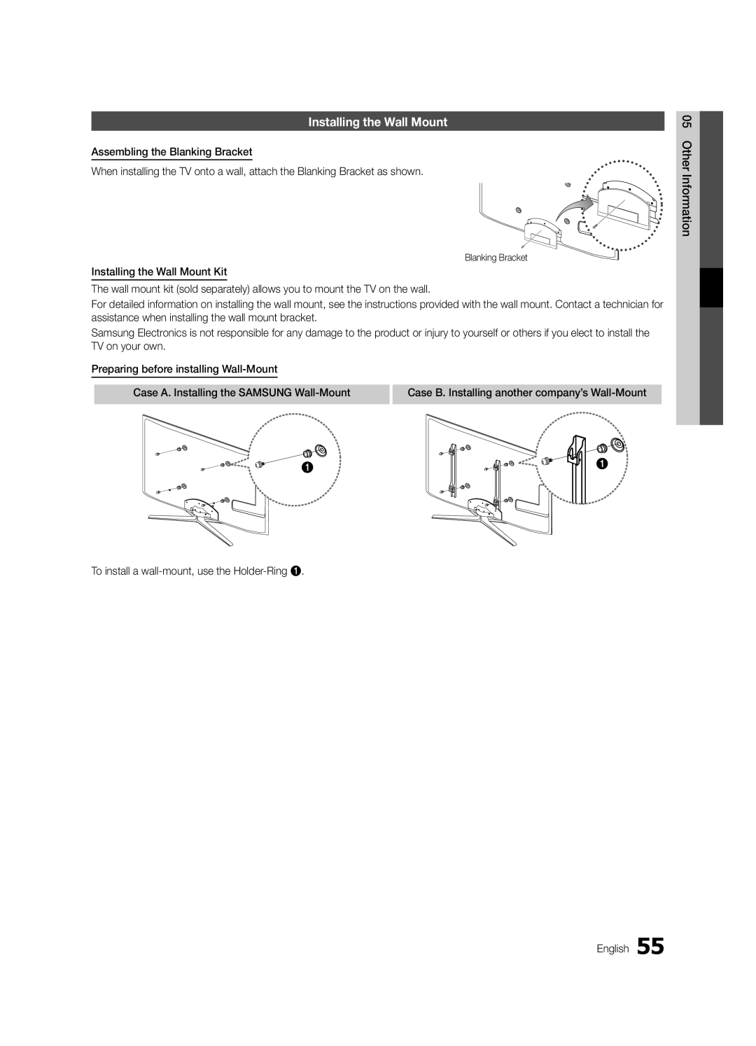 Samsung UE46C8000XWXXH, UE46C8000XWXXC, UE65C8000XWXXH, UE46C8790XSXZG manual Installing the Wall Mount, Blanking Bracket 