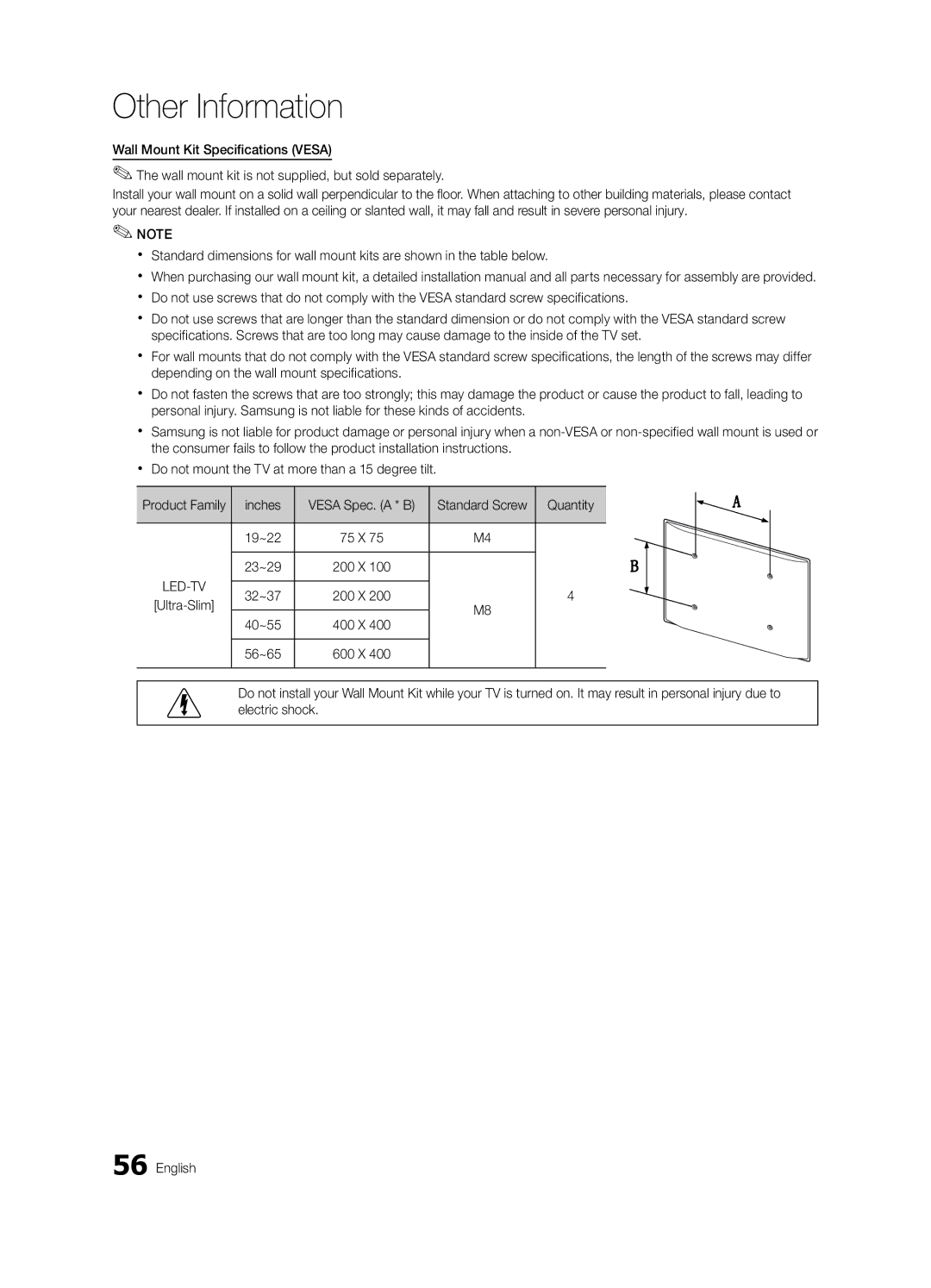 Samsung UE55C8000XWXXH, UE46C8000XWXXC, UE65C8000XWXXH, UE46C8790XSXZG manual Quantity, 19~22, 23~29, 32~37, 40~55, 56~65 