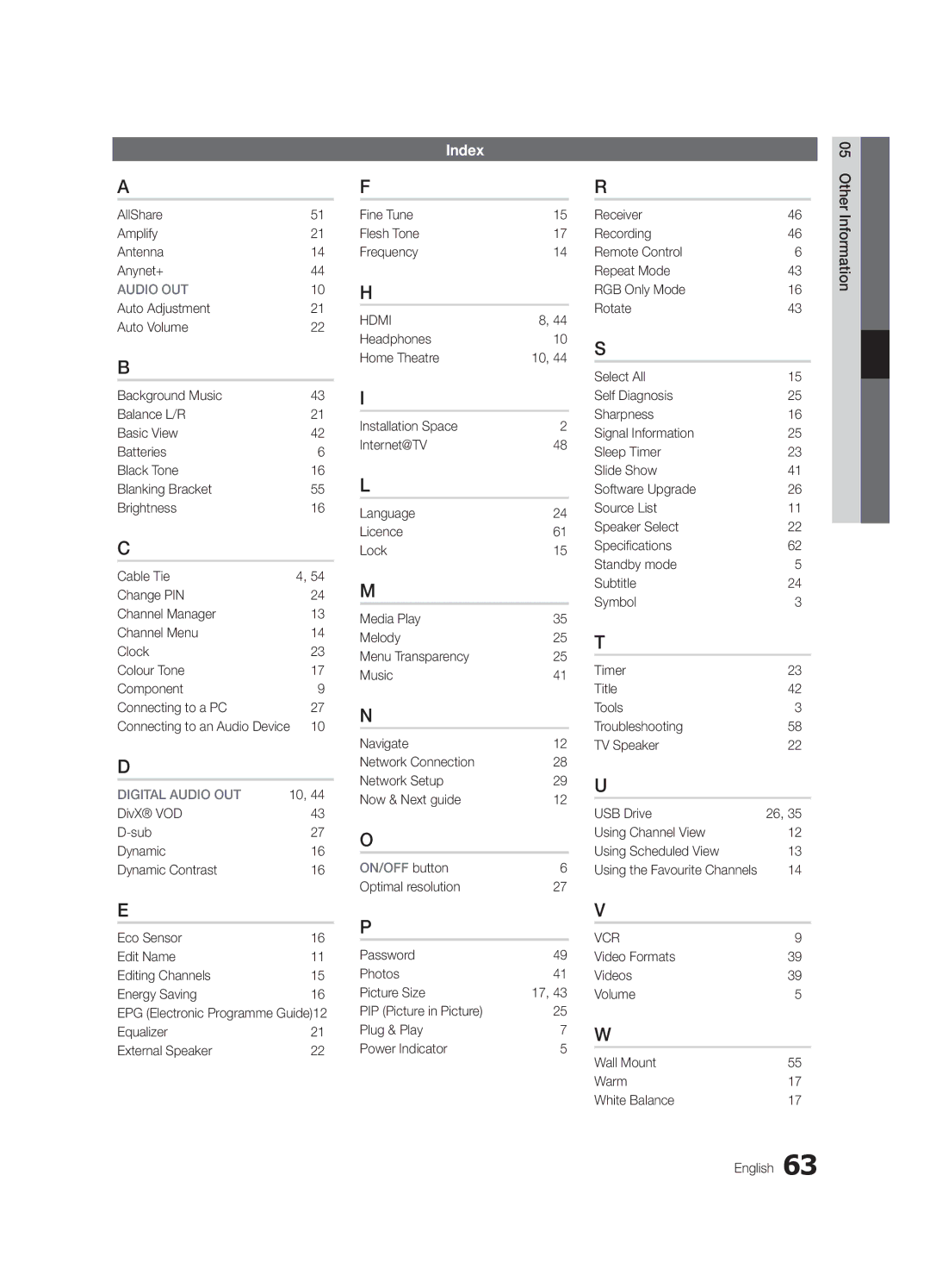 Samsung UE46C8790XSXZF Index, AllShare Amplify Antenna Anynet+, Equalizer External Speaker, Fine Tune Flesh Tone Frequency 