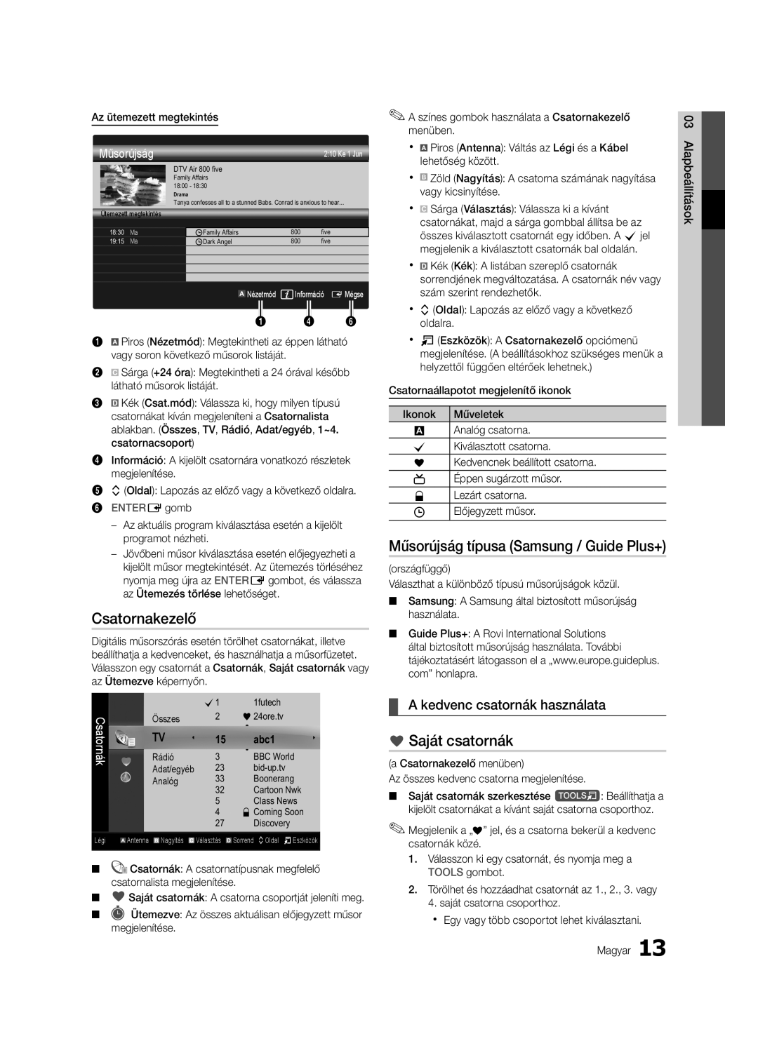 Samsung UE46C8000XWXXH, UE46C8000XWXXC manual Csatornakezelő, Saját csatornák, Kedvenc csatornák használata, Műsorújság 