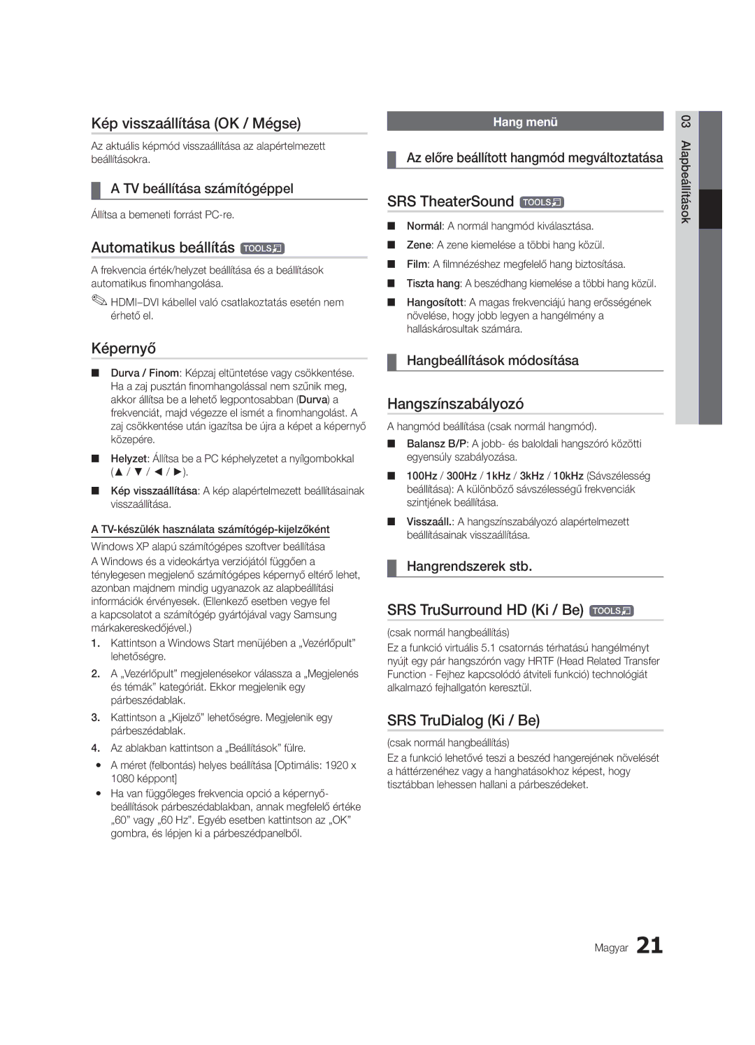 Samsung UE46C8790XSXZF manual Kép visszaállítása OK / Mégse, Automatikus beállítás t, Képernyő, Hangszínszabályozó 