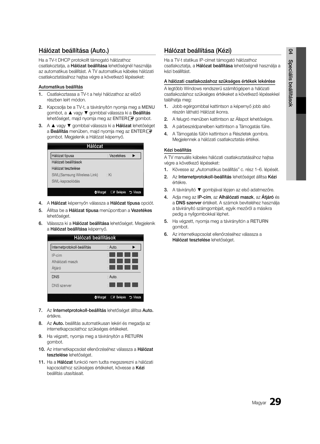 Samsung UE65C8000XWXXH, UE46C8000XWXXC manual Hálózat beállítása Auto, Hálózat beállítása Kézi, Hálózati beállítások 