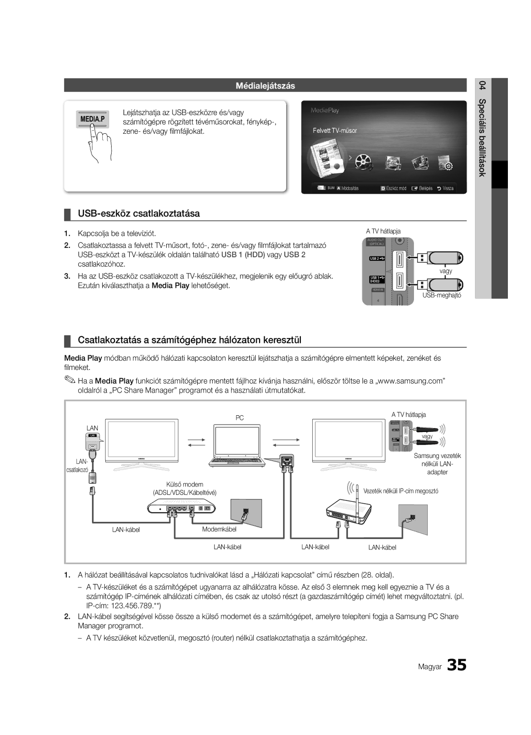 Samsung UE65C8000XWXXC USB-eszköz csatlakoztatása, Csatlakoztatás a számítógéphez hálózaton keresztül, Médialejátszás 