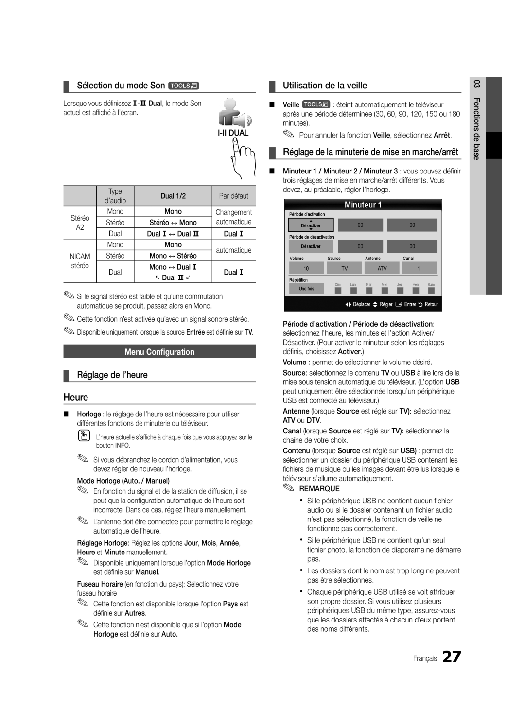 Samsung UE46C9000ZWXBT, UE46C9080ZWXZG manual Heure, Sélection du mode Son t, Réglage de l’heure, Utilisation de la veille 