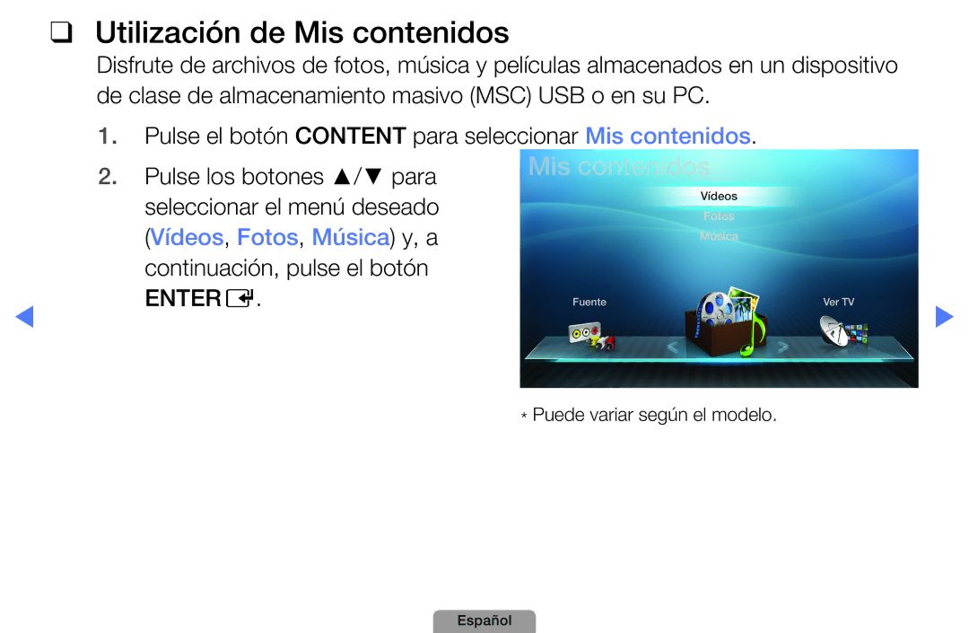 Samsung UE46D5000PWXXC, UE46D5000PWXZG, UE22D5010NWXZG, UE40D5000PWXXH, UE27D5010NWXXC manual Utilización de Mis contenidos 