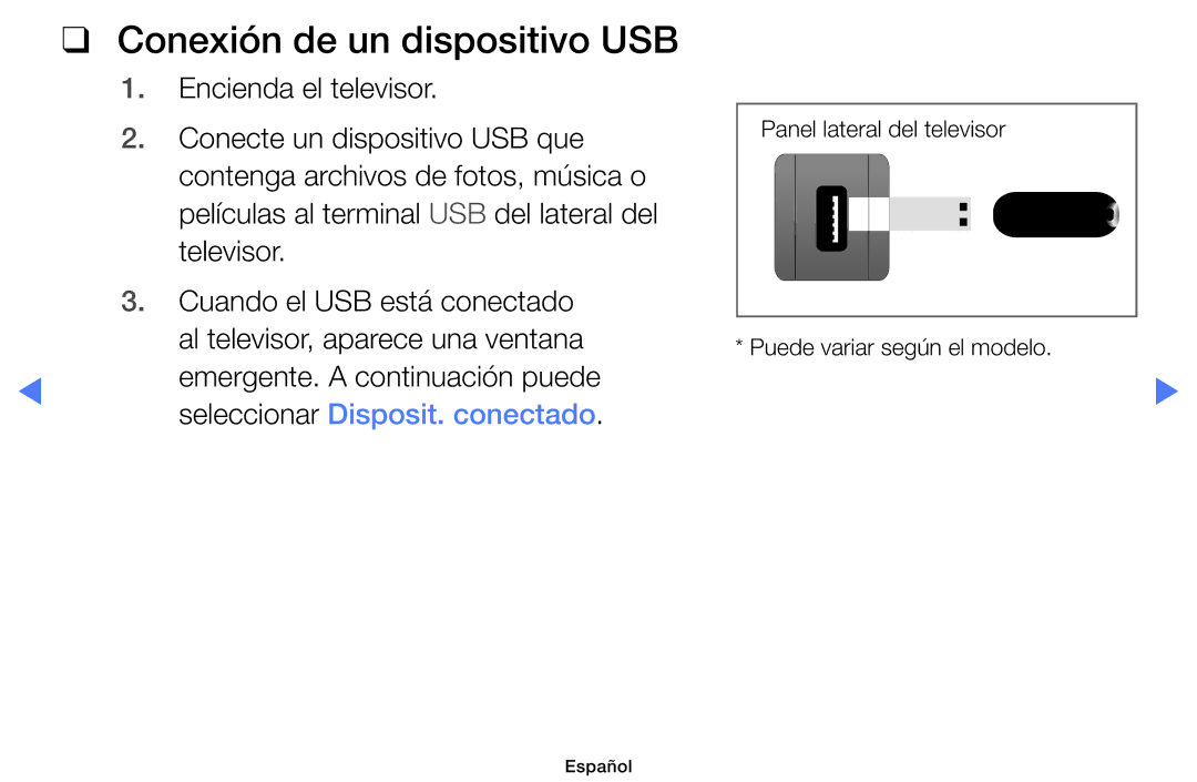 Samsung UE46D5000PWXXH, UE46D5000PWXZG, UE22D5010NWXZG, UE40D5000PWXXH, UE27D5010NWXXC manual Conexión de un dispositivo USB 