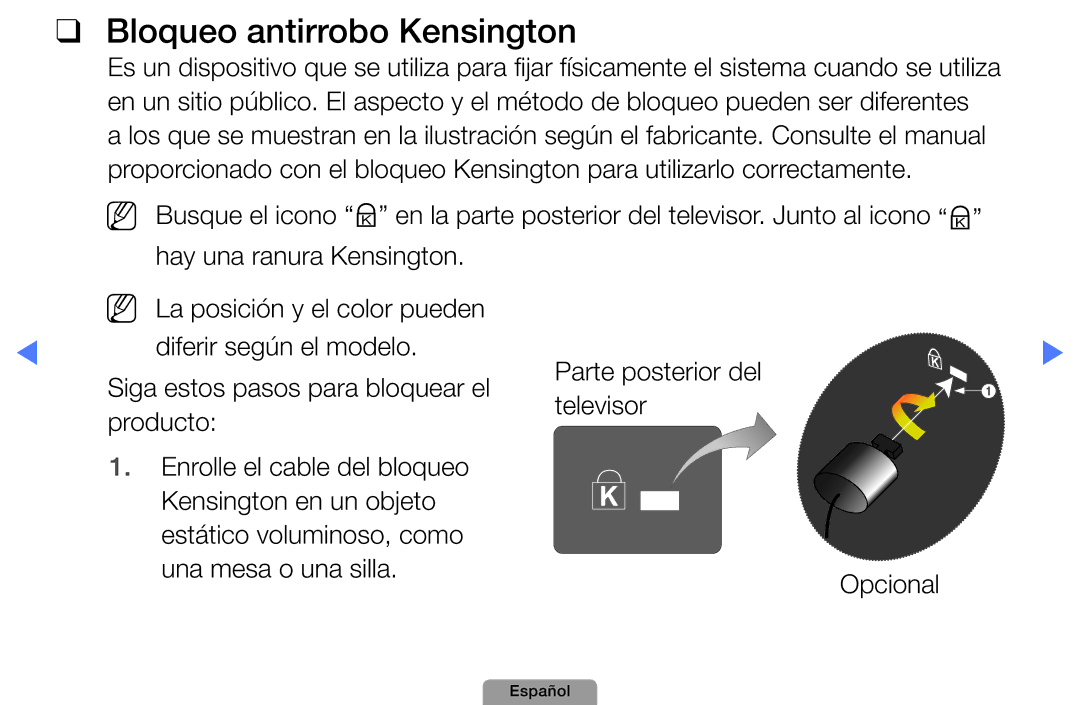 Samsung UE32D5800VWXXC, UE46D5000PWXZG, UE22D5010NWXZG, UE40D5000PWXXH, UE27D5010NWXXC manual Bloqueo antirrobo Kensington 