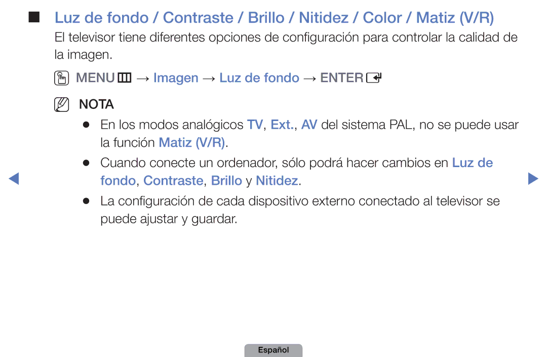 Samsung UE22D5000NWXXC, UE46D5000PWXZG manual OOMENUm → Imagen → Luz de fondo → Entere, Fondo, Contraste, Brillo y Nitidez 