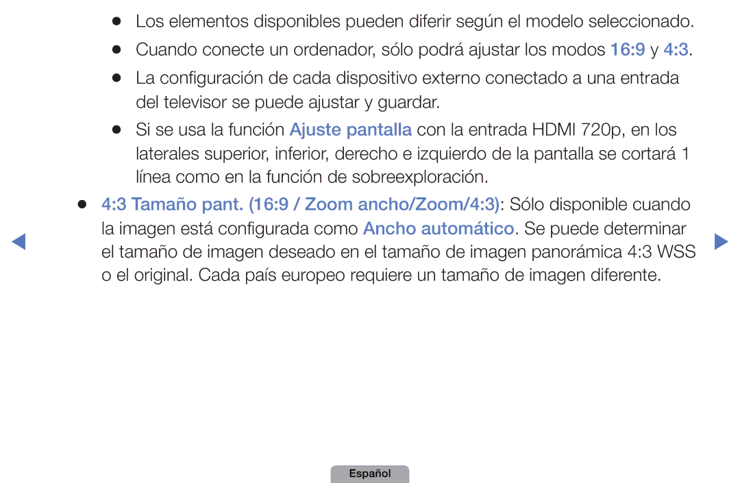 Samsung UE27D5010NWXZT, UE46D5000PWXZG, UE22D5010NWXZG manual Tamaño pant / Zoom ancho/Zoom/43 Sólo disponible cuando 