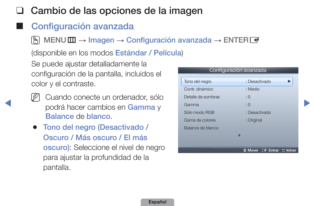 Samsung UE22D5010NWXXC, UE46D5000PWXZG, UE22D5010NWXZG manual Cambio de las opciones de la imagen, Configuración avanzada 