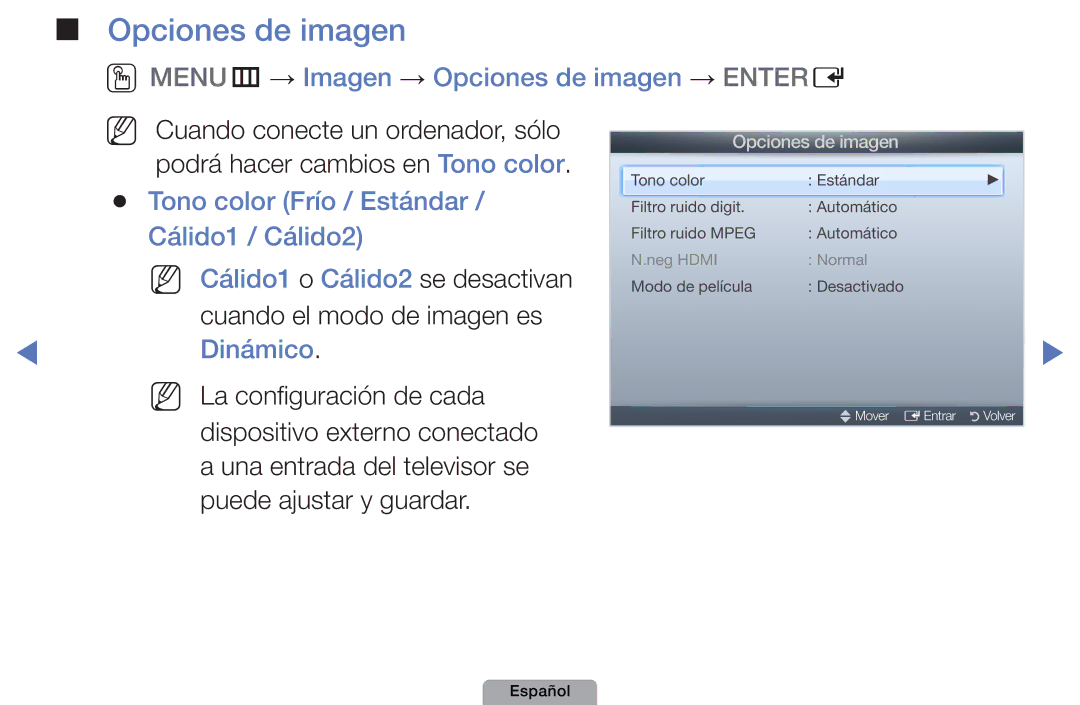 Samsung UE27D5000NWXXC OOMENUm → Imagen → Opciones de imagen → Entere, Tono color Frío / Estándar / Cálido1 / Cálido2 
