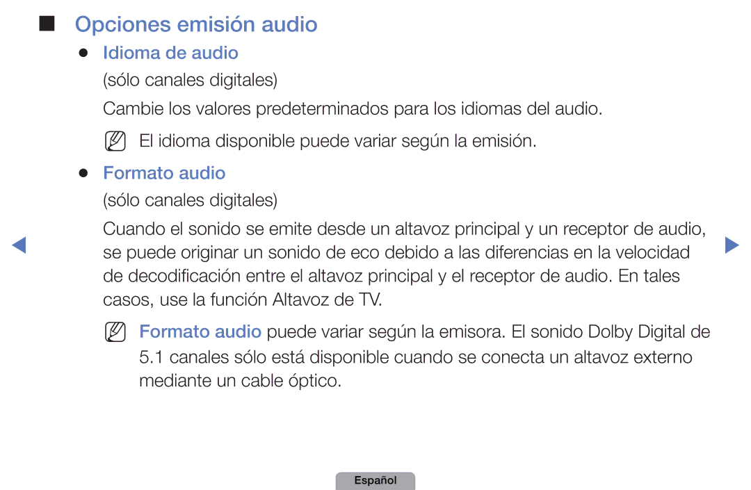 Samsung UE27D5020NWXXC, UE46D5000PWXZG manual Opciones emisión audio, Idioma de audio, Formato audio, Sólo canales digitales 