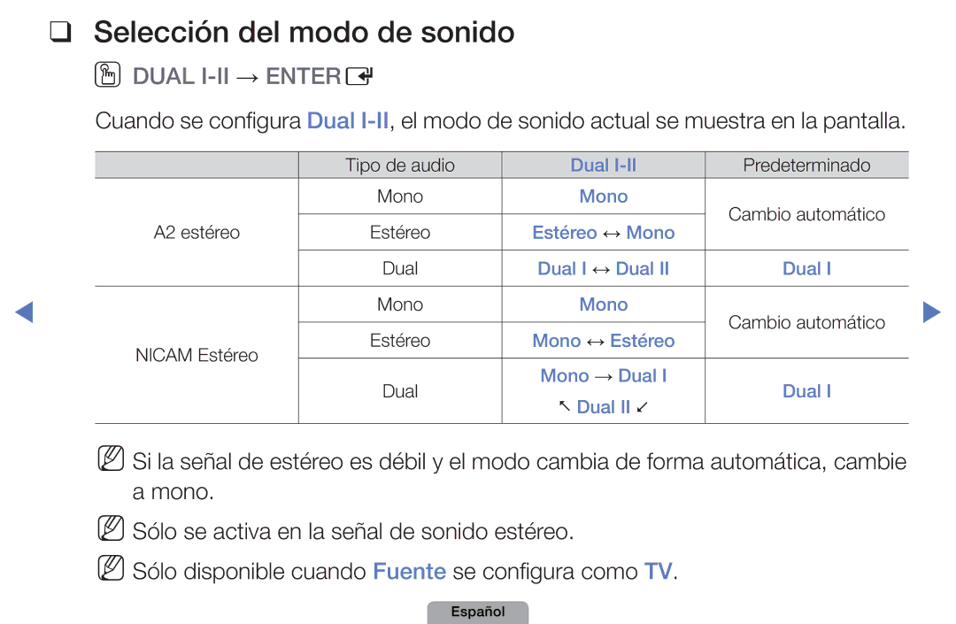 Samsung UE22D5000NWXXC, UE46D5000PWXZG, UE22D5010NWXZG, UE40D5000PWXXH Selección del modo de sonido, Oodual I-II → Entere 