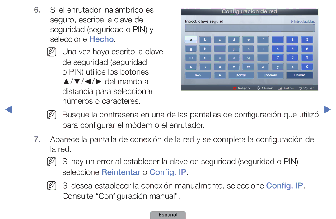 Samsung UE40D5800VWXXC, UE46D5000PWXZG Distancia para seleccionar Números o caracteres, Seleccione Reintentar o Config. IP 