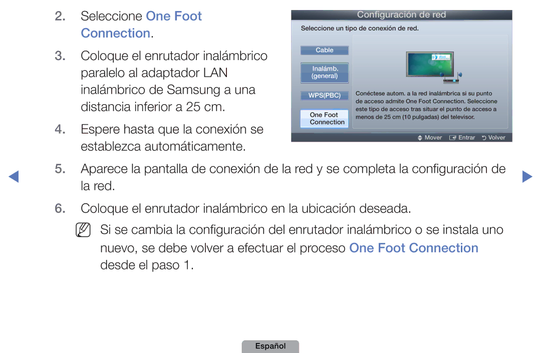 Samsung UE32D4010NWXXC manual Seleccione One Foot, Connection, Paralelo al adaptador LAN, Inalámbrico de Samsung a una 