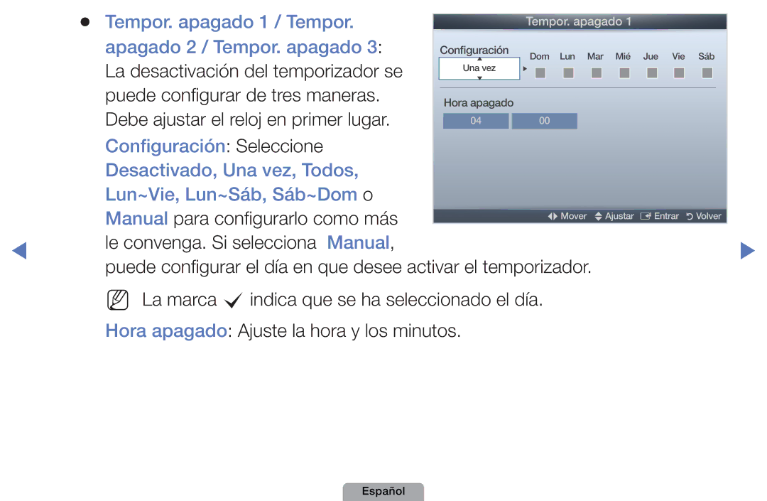 Samsung UE46D5000PWXXC, UE46D5000PWXZG, UE22D5010NWXZG manual Tempor. apagado 1 / Tempor, Apagado 2 / Tempor. apagado 