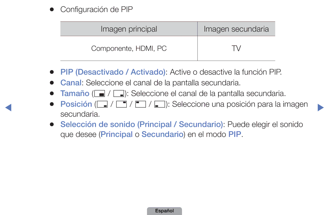 Samsung UE32D4020NWXXH manual Configuración de PIP, Canal Seleccione el canal de la pantalla secundaria, Secundaria 