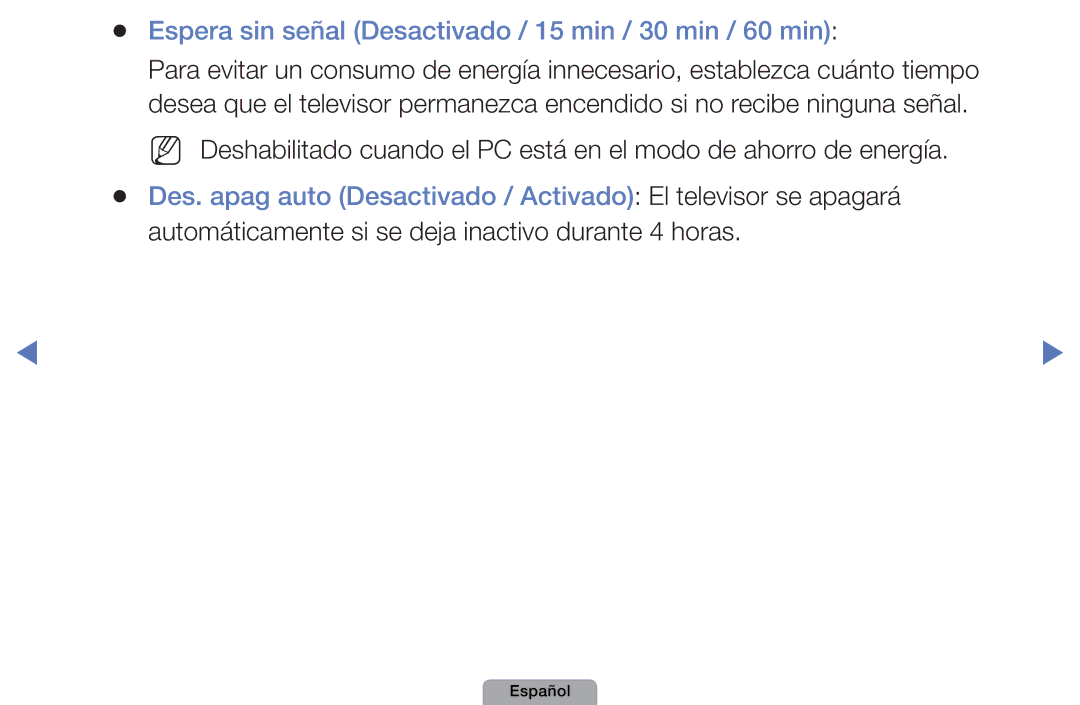 Samsung UE19D4020NWXXC, UE46D5000PWXZG, UE22D5010NWXZG manual Espera sin señal Desactivado / 15 min / 30 min / 60 min 