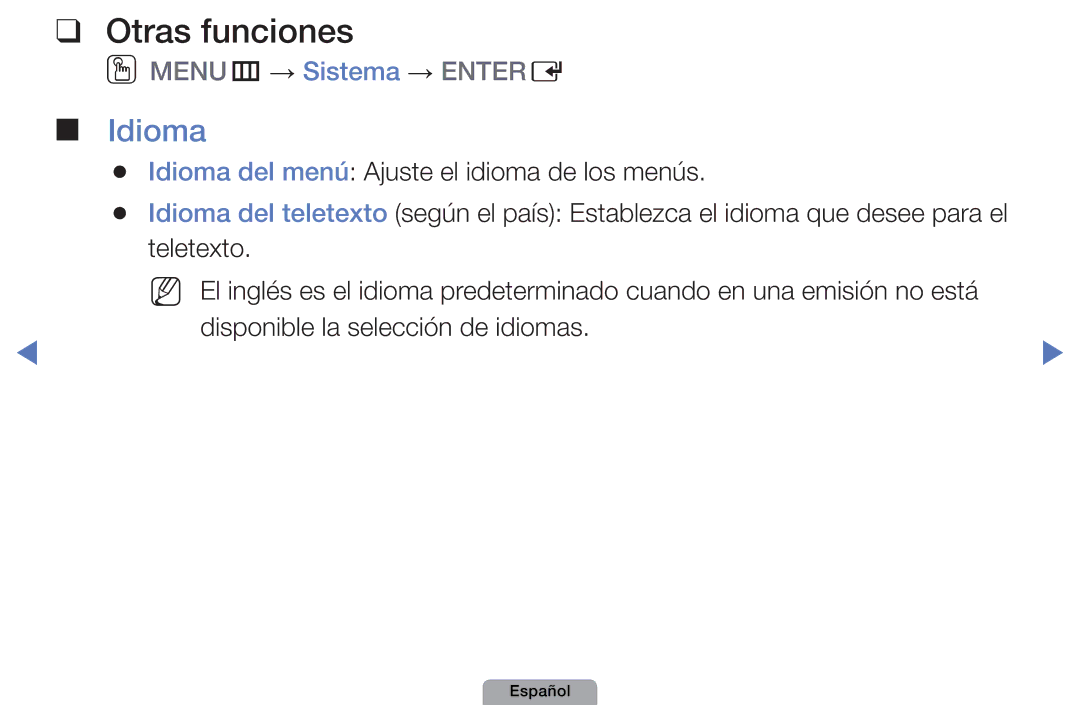 Samsung UE22D5020NWXXC, UE46D5000PWXZG, UE22D5010NWXZG Otras funciones, Idioma del menú Ajuste el idioma de los menús 