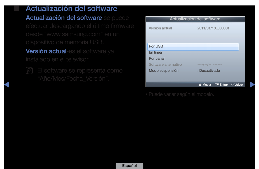 Samsung UE27D5010NWXZT Actualización del software, Versión actual, 2011/01/18000001, Por USB, En línea, Por canal, Español 