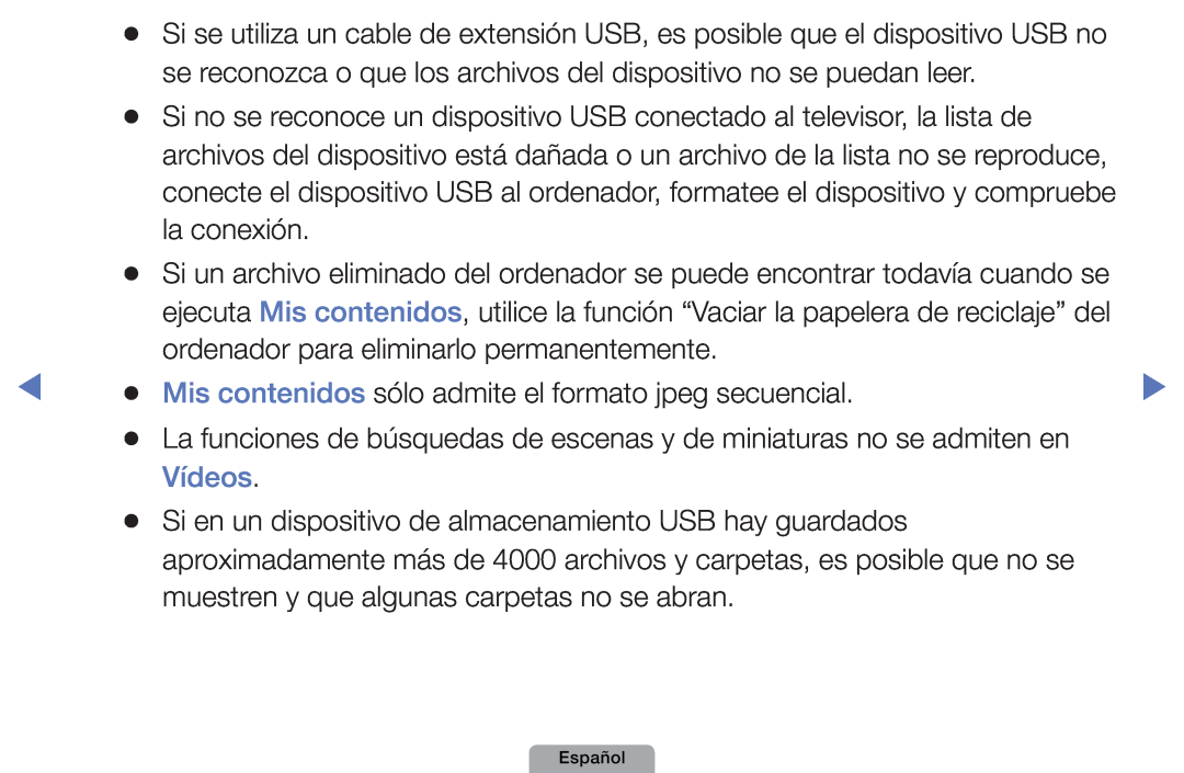 Samsung UE19D4020NWXXC, UE46D5000PWXZG manual Vídeos, se reconozca o que los archivos del dispositivo no se puedan leer 