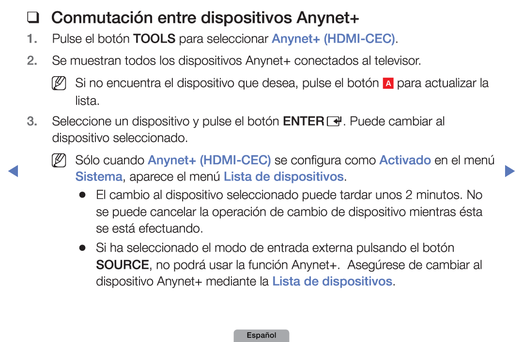 Samsung UE19D4020NWXXC manual Conmutación entre dispositivos Anynet+, Sistema, aparece el menú Lista de dispositivos 
