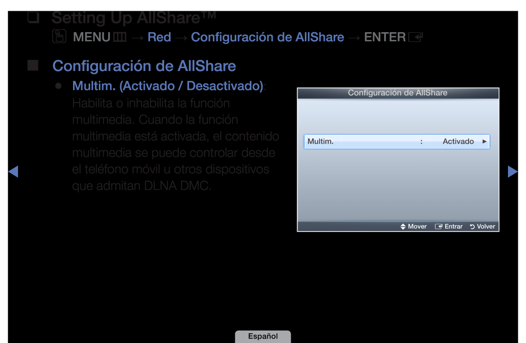 Samsung UE32D4010NWXXC manual Setting Up AllShare, OOMENUm → Red → Configuración de AllShare → ENTERE, Multim, Activado 