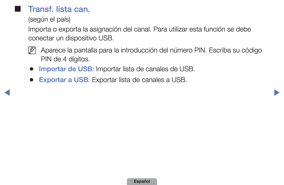 Samsung UE40D5000PWXXH manual Transf. lista can, según el país, Importar de USB Importar lista de canales de USB, Español 