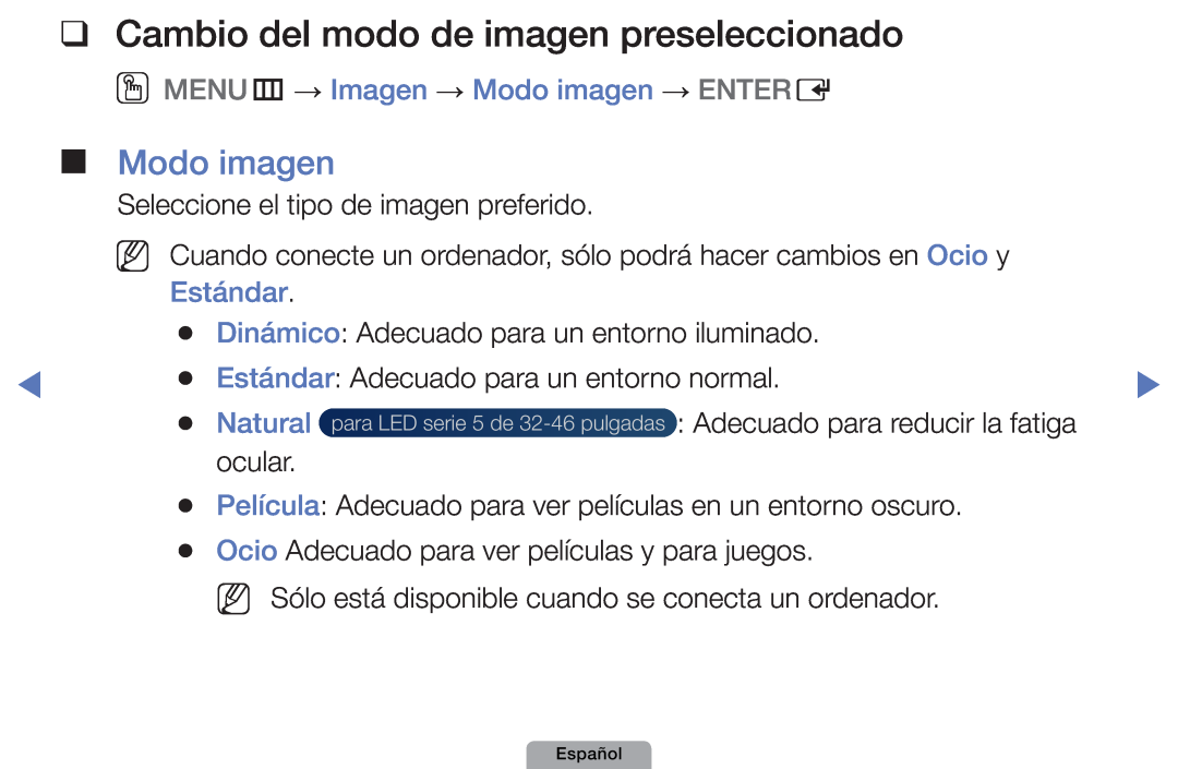 Samsung UE27D5010NWXXC Cambio del modo de imagen preseleccionado, OOMENUm → Imagen → Modo imagen → ENTERE, Estándar 