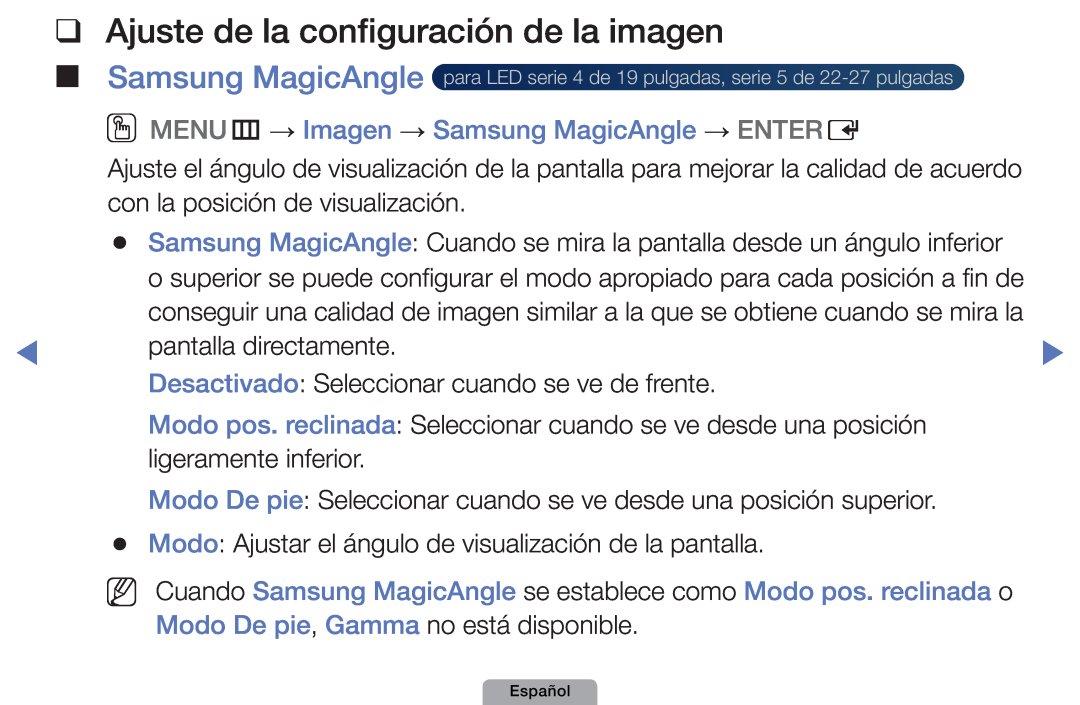 Samsung UE32D4010NWXXC, UE46D5000PWXZG, UE22D5010NWXZG manual Ajuste de la configuración de la imagen, Samsung MagicAngle 