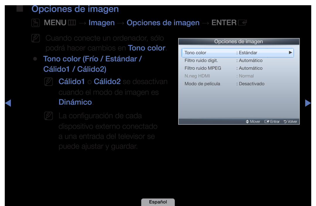 Samsung UE27D5000NWXXC OOMENUm → Imagen → Opciones de imagen → ENTERE, Tono color Frío / Estándar / Cálido1 / Cálido2 