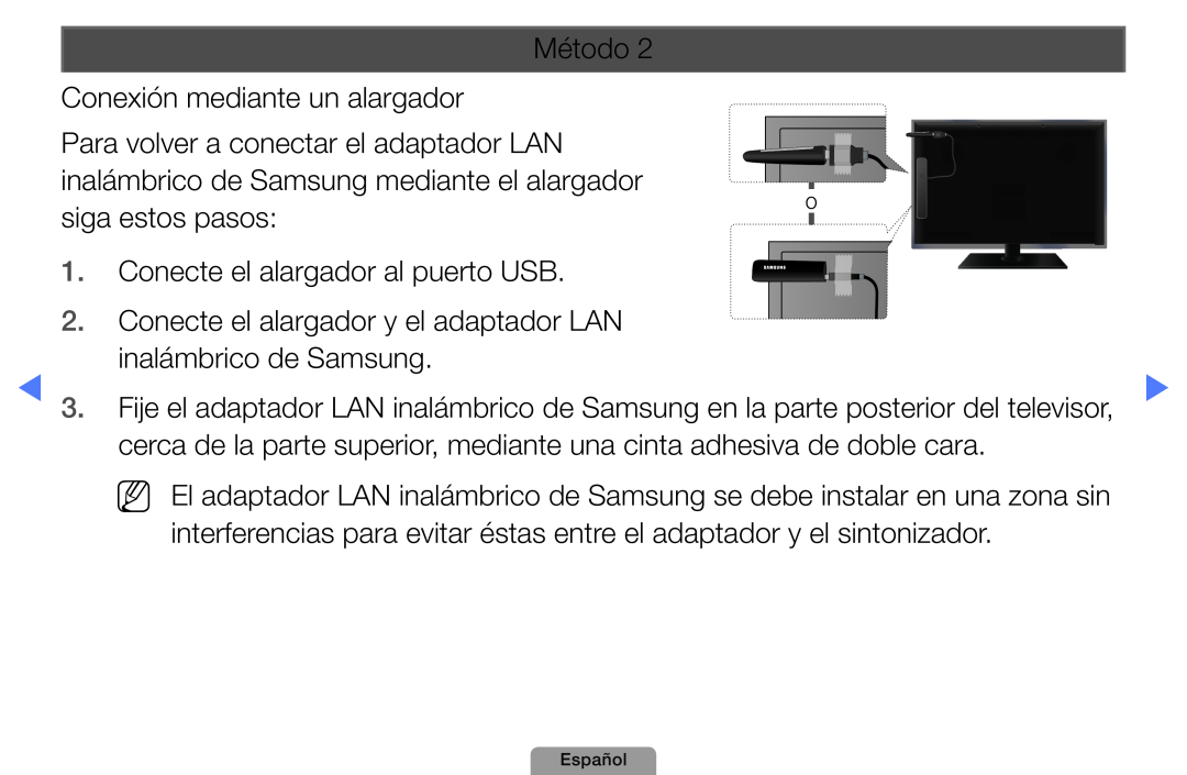 Samsung UE37D5000PWXXC, UE46D5000PWXZG, UE22D5010NWXZG manual Conecte el alargador y el adaptador LAN, inalámbrico de Samsung 