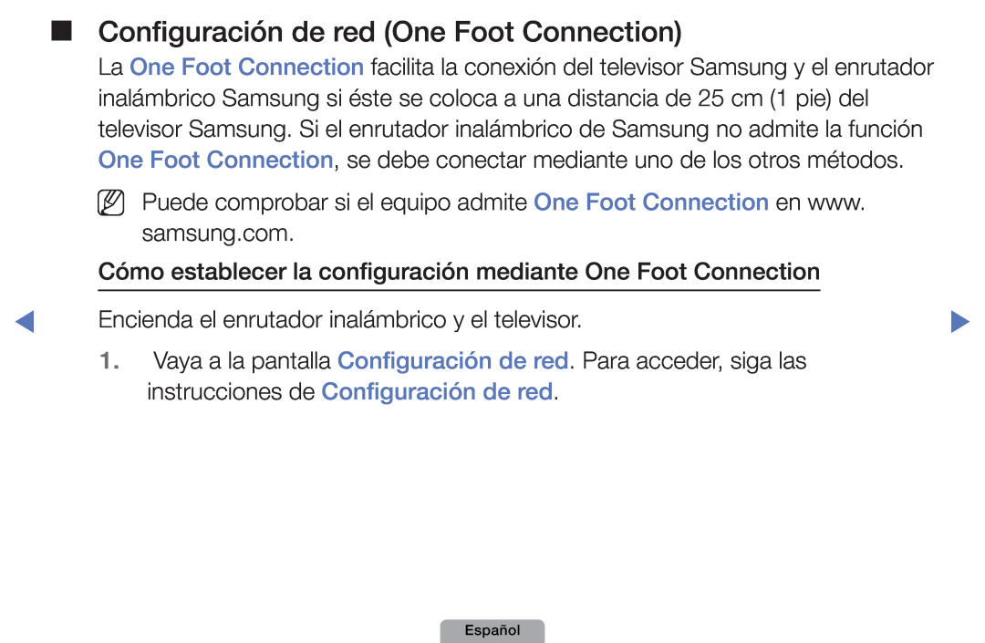 Samsung UE27D5010NWXXC, UE46D5000PWXZG, UE22D5010NWXZG, UE40D5000PWXXH manual Configuración de red One Foot Connection 