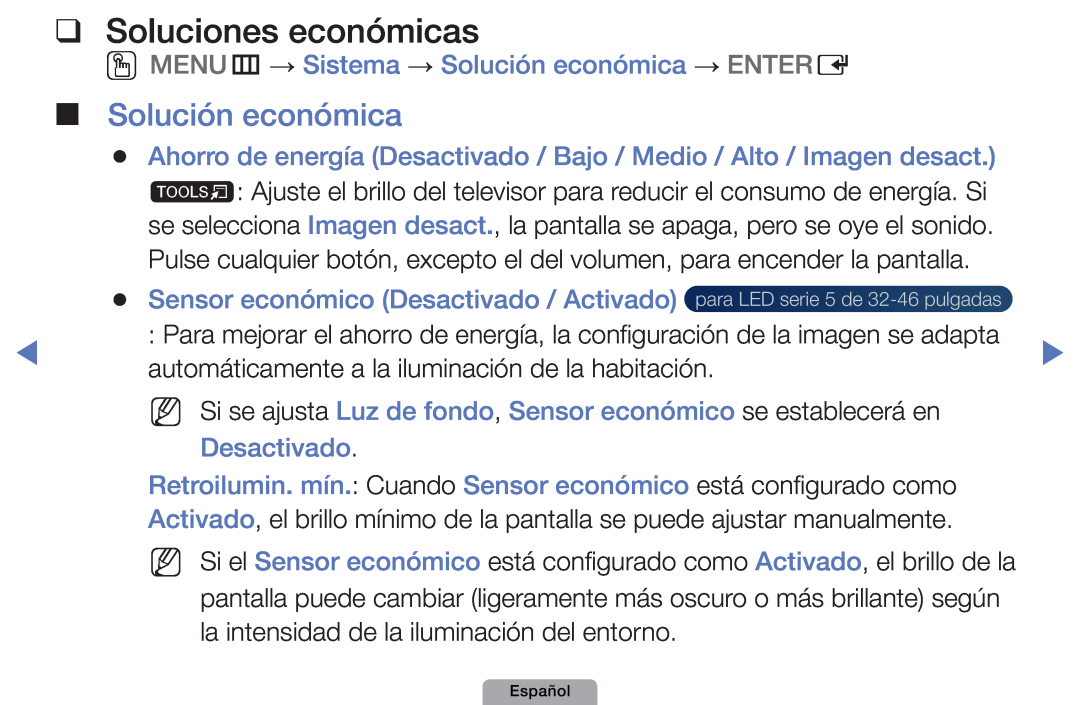 Samsung UE19D4010NWXXC manual Soluciones económicas, OOMENUm → Sistema → Solución económica → ENTERE, Desactivado 