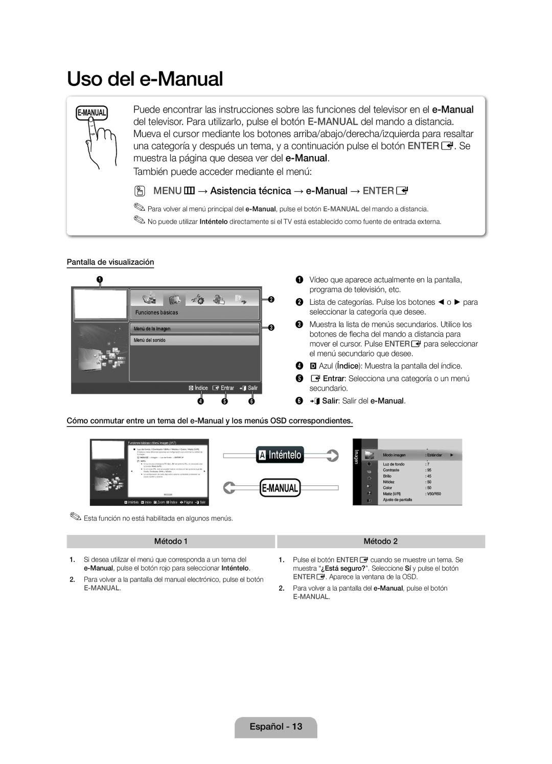 Samsung UE46D5000PWXZG, UE40D5000PWXXH Muestra la página que desea ver del e-Manual, Pantalla de visualización, Método 