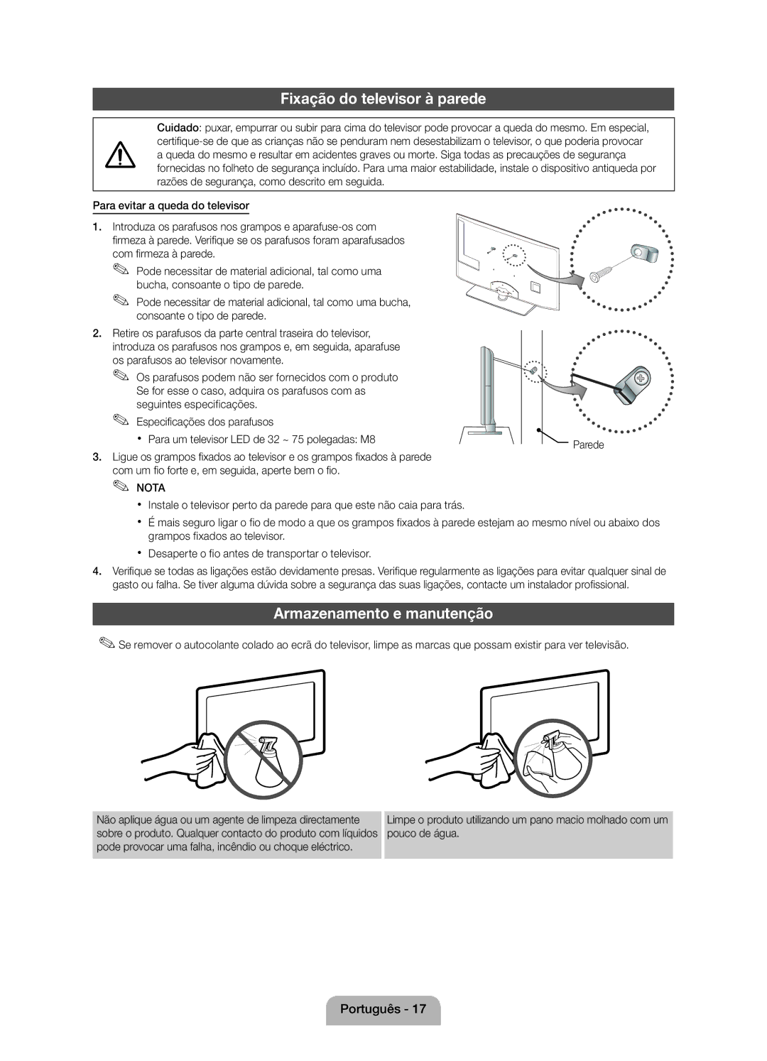 Samsung UE40D5000PWXXH, UE46D5000PWXZG, UE40D5000PWXXC manual Fixação do televisor à parede, Armazenamento e manutenção 