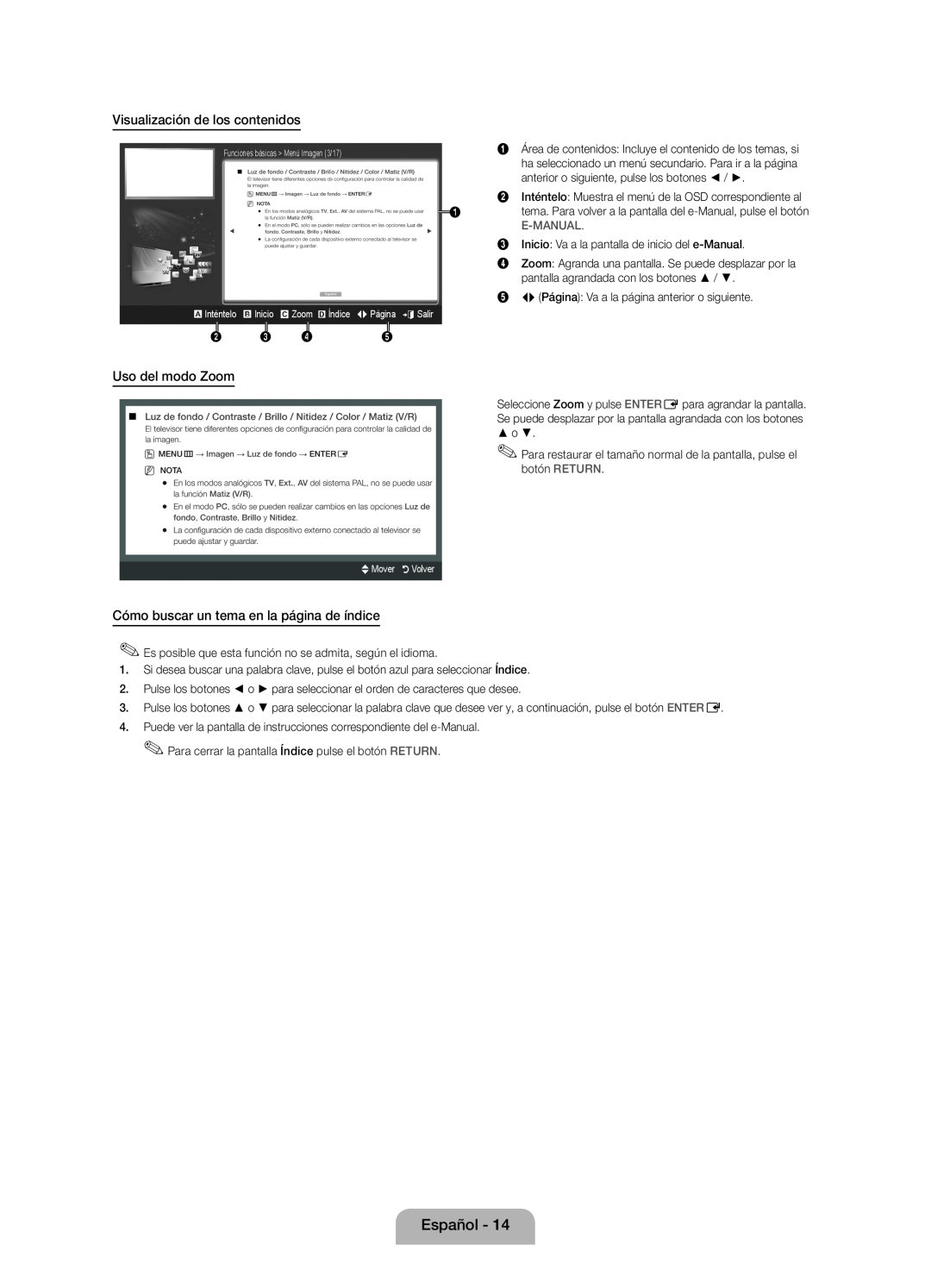 Samsung UE40D5000PWXXH Visualización de los contenidos, Uso del modo Zoom, Cómo buscar un tema en la página de índice 