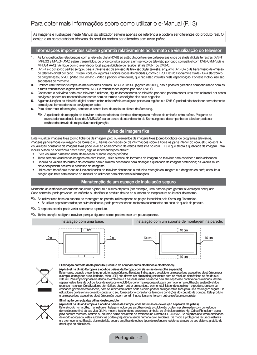 Samsung UE46D5000PWXZG manual Para obter mais informações sobre como utilizar o e-Manual P.13, Aviso de imagem fixa 