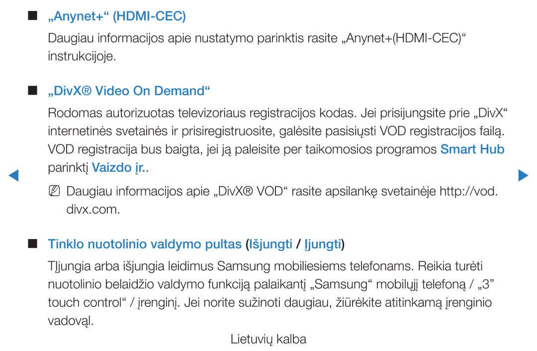 Samsung UE40D5500RWXXH manual „Anynet+ HDMI-CEC, „DivX Video On Demand, Tinklo nuotolinio valdymo pultas Išjungti / Įjungti 