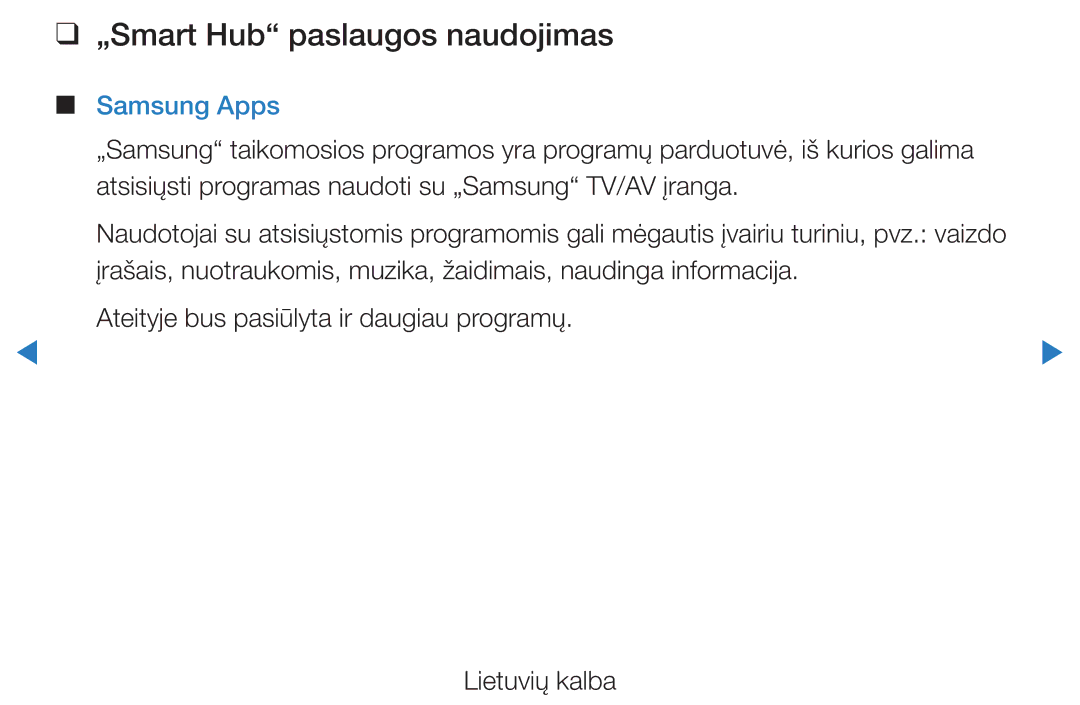 Samsung UE46D5500RWXXH, UE40D5500RWXXH, UE32D5500RWXXH, UE37D5500RWXXH manual „Smart Hub paslaugos naudojimas, Samsung Apps 