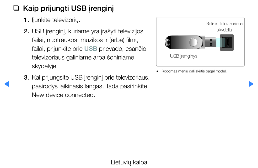 Samsung UE37D5500RWXXH, UE46D5500RWXXH, UE40D5500RWXXH, UE32D5500RWXXH, UE27D5000NWXBT manual Kaip prijungti USB įrenginį 