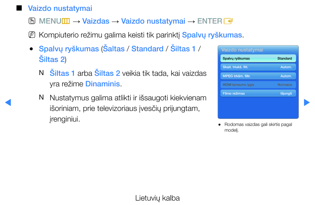 Samsung UE37D5500RWXXH, UE46D5500RWXXH manual Spalvų ryškumas Šaltas / Standard / Šiltas 1 / Šiltas, Vaizdo nustatymai 