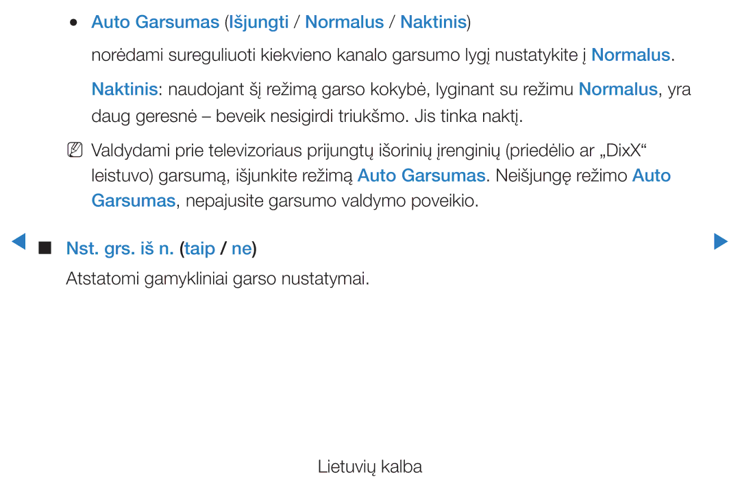 Samsung UE40D5500RWXXH, UE46D5500RWXXH manual Auto Garsumas Išjungti / Normalus / Naktinis, Nst. grs. iš n. taip / ne 