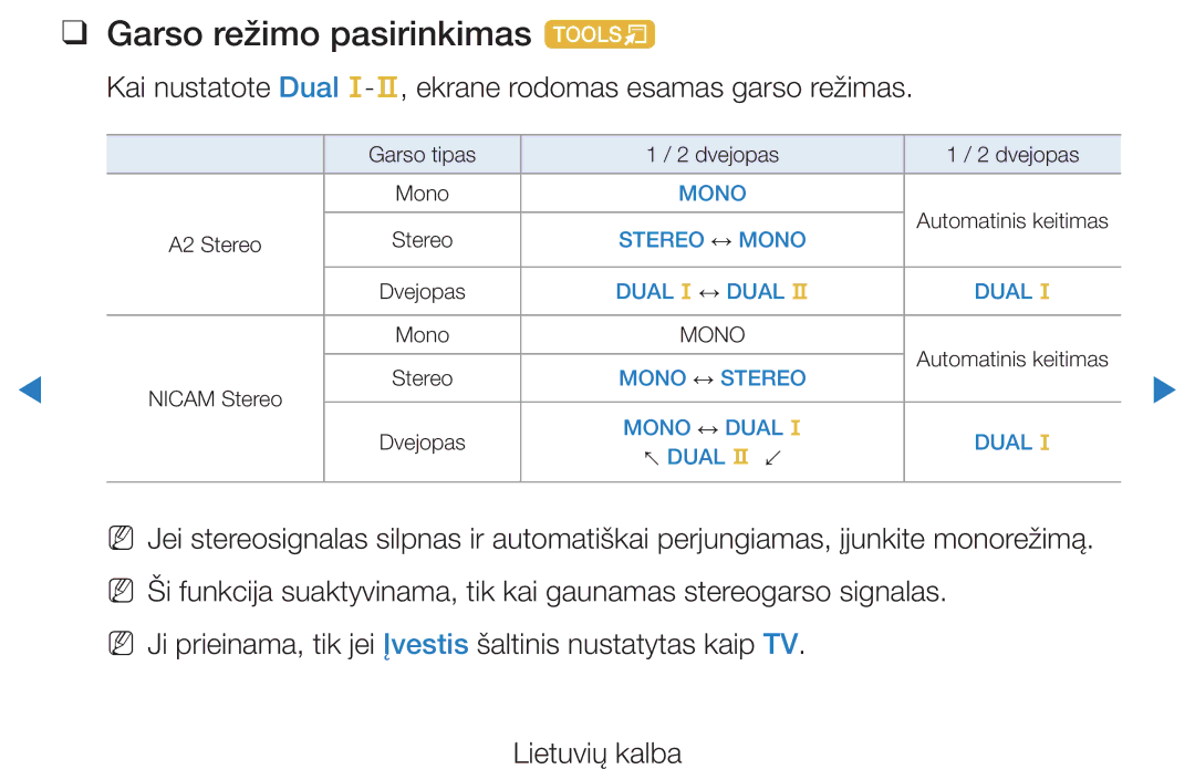 Samsung UE32D5500RWXXH manual Garso režimo pasirinkimas t, Kai nustatote Dual f-g, ekrane rodomas esamas garso režimas 